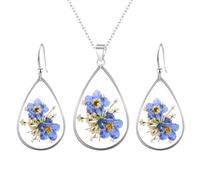 MLPKOI Forget Me Not Earrings, Necklace, Teardrop Pendant Necklace, Pressed Flower Embossed Teardrop Earrings for Women, Dangle, Elegant, Symbol of Everlasting Love and Memory, for Women's Gifts