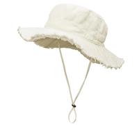 MLPKOI Sun Hats for Women, Foldable Summer UV Protection Beach Hat Wide Brim Packable Bucket Hat with Frayed Edge Adjustable Fishing Hat for Hiking Gardening Outdoor White