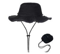 MLPKOI Sun Hats for Women, Foldable Summer UV Protection Beach Hat Wide Brim Packable Bucket Hats with Frayed Edge Adjustable Fishing Hat for Summer Beach Garden Fishing Safari (Black)
