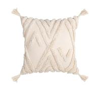 MLSHWUG Cotton Bohemian Style Tufted Pillow Patio Cushions Cover with Retro Geometric Embroidery Tassels,Creamy White,17.72 * 17.72in