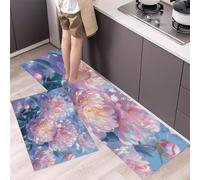 MLSOWM 2 Pcs Kitchen Rugs, Surrealism Anti Fatigue Kitchen Rug Sets Luxury Peony Comfort Floor Mats Washable Non Slip Kitchen Rug Runner for Office Sink Laundry (Blue And Pink, 43x75cm+43x120cm)