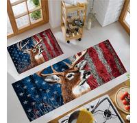 MLSOWM 2 Piece Non Slip American Whitetail Deer Kitchen Mat American Flag Kitchen Rug Set Washable Runner Rug Set for Dining Room, Entryway and Door 40x60cm+40x120cm Brown