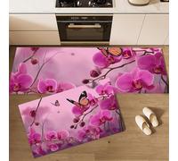MLSOWM 2 Piece Non Slip Butterfly Flowers Kitchen Mat Dream Orchid Kitchen Rug Set Washable Runner Rug Set for Dining Room, Entryway and Door 40x60cm+40x120cm Purple