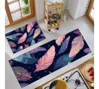 MLSOWM 2 Piece Non Slip Colorful Feathers Kitchen Mat Bohemia Kitchen Rug Set Washable Runner Rug Set for Dining Room, Entryway and Door 43x75cm+43x120cm Navy Blue