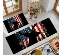 MLSOWM 2 Piece Non Slip Deer Head Silhouette Kitchen Mat American Flag Kitchen Rug Set Washable Runner Rug Set for Dining Room, Entryway and Door 50x80cm+50x150cm Black