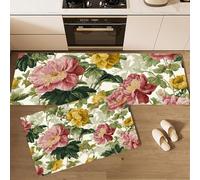 MLSOWM 2 Piece Non Slip Retro Peony Kitchen Mat Rococo Flowers Kitchen Rug Set Washable Runner Rug Set for Dining Room, Entryway and Door 40x60cm+40x120cm Sage Green