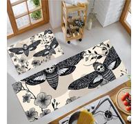 MLSOWM 2 Pieces Non Slip Kitchen Mat Death'S-Head Moth Kitchen Rug Set Gothic Style Washable Runner Set for Hallway, Dining Room, Entryway and Door 43x75cm+43x120cm Grey