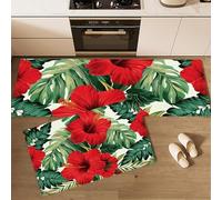 MLSOWM 2 Pieces Non Slip Kitchen Mat Hibiscus Kitchen Rug Set Tropical Flowers Washable Runner Set for Hallway, Dining Room, Entryway and Door 40x60cm+40x120cm Red