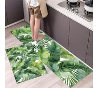 MLSOWM 2 Pieces Non Slip Kitchen Mat Large Leaves Kitchen Rug Set Botanical Watercolor Painting Washable Runner Set for Hallway, Dining Room, Entryway and Door 43x75cm+43x120cm Green