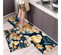 MLSOWM 2 Pieces Non Slip Kitchen Mat Rabbit And Chicken Kitchen Rug Set Wildflowers Washable Runner Set for Hallway, Dining Room, Entryway and Door 43x75cm+43x150cm Navy Blue