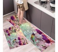 MLSOWM 3D Hummingbird And Glitter Flowers Kitchen Rug Sets, 2 Piece Non Slip Kitchen Mats Wildlife Runner Set with Rubber Backing Super Absorbable Washable Floor Mats 50x80cm+50x150cm Purple