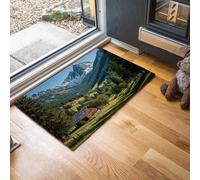 MLSOWM Alpine Countryside Scenery Thin Door Mats Indoor 80 x 120 cm, Non Slip Front Mat, Valley Log Cabin Low Profile Inside Entrance Rug, Easy to Clean for Entryway Bedroom Kitchen, Green