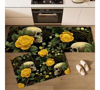 MLSOWM Baroque Style Kitchen Rug Set 2 Piece Non Slip Washable Skull Flower Kitchen Mat Anti Fatigue Standing Area Rugs for Hallway, Dining Room and Entrance, 43x75cm+43x150cm, Yellow-Green
