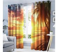 MLSOWM Beach Sunset Blackout Curtains, Orange Color Thermal Insulated Curtains, Tropical Islands Printed Ring Top Drapes for Girls Bedroom, W 66" x L 54", 2 Panels