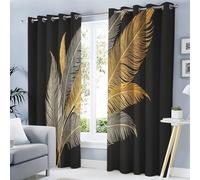 MLSOWM Black Gold Art Curtains Eyelet Blackout Room Darkening Curtains Hand Drawn Feathers Light Blocking Window Drapes for Bedroom Living Room W 46" x L 54" Drop 2 Panels, Black