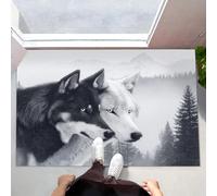 MLSOWM Black Wolf White Wolf Indoor Door Mat, 80 x 120 cm Non-Slip Washable Rug Misty Forest Low-Profile Inside Doormats for Porch Insider, Bedroom, Entryway, Accent Rug, Grey
