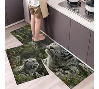 MLSOWM Blue-Eyed White Tiger Kitchen Rugs Sets of 2 Non Slip Washable Animal Theme Kitchen Rugs and Mats Runner Rug Floor Carpet for Laundry, Hallways, Floor 43x75cm+43x150cm Sage Green