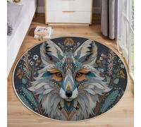 MLSOWM Blue-Green Round Rug 180cm, Fox Head Non Slip Area Rugs for Bedroom, Low Pile Non-Shedding Circle Rug Machine Washable Ethnic Animals Carpets for Living Dining Room Nursery