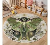 MLSOWM Celestial Bodies And The Moon Round Rug 60cm, Non Slip Area Rugs Mysterious Moth Soft Machine Washable Circle Carpet Indoor Mat Decor for Bedroom Living Room, Green