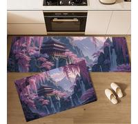 MLSOWM Cherry Blossom Architecture Kitchen Rug Set of 2 Non Slip Kitchen Runner Mats Washable Comfort Standing Mats Japanese Landscape Painting Floor Carpet for Sink, Laundry, 50x80cm+50x150cm Pink
