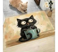 MLSOWM Child Indoor Doormat 60 x 90 cm - Non Slip Welcome Front Doormat Messy Black Cat Soft Low-Profile Accent Rug for Entryway, Front Back Door, Brownish-Green