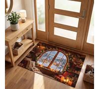 MLSOWM Christmas Cabin Window View Indoor & Outdoor Door Mat, 40 x 60 cm | Snowy Forest Village Short Profile Doormat, Anti-skid & Machine Cleanable, Soft Texture, Entryway Rug Ideal for Small Spaces