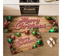 MLSOWM Christmas Decorations Kitchen Rugs Sets of 2 Non Slip Washable Rural Wooden Planks Kitchen Rugs and Mats Runner Rug Floor Carpet for Laundry, Hallways, Floor 43x75cm+43x150cm Brown