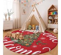 MLSOWM Christmas Welcome Round Rug 60cm Washable Low Pile Non-Slip Living Room Christmas Tree Area Rug, Easy to Clean, Ultra Thin, Nursery, Study, Dark Red