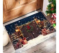MLSOWM Christmas Wooden Door Door Mat Indoor and Outdoor, 50 x 80 cm Welcome Doormats Wreaths And Lights Washable Non-Slip Front Door Mats for Entryway, Porch & Kitchen Use, Dark Brown