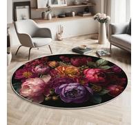 MLSOWM Classical Still Life Area Rug - 60cm Round Rug Machine Washable Elegant And Luxurious Bouquets Floor Carpet Short Pile Soft Circle Rug for Living Room Bedroom Kids Room Decor, Dark Red