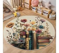 MLSOWM Countryside Flowers Round Rugs for Living Room - 100cm Vintage Books Low Pile Area Rug Round Carpet Non-Slip Machine Washable Design for Dining Room, Office and Kids Room, Beige