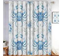 MLSOWM Crab Flower Blackout Curtains for Bedroom W 66" x L 90" inch Drop Eyelet Curtains for Living Room Line Art Thermal Insulated Window Curtain Panels 2 Panels, Blue
