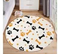 MLSOWM Cute Style Area Rugs 120cm Round Rugs Non-Slip Washable Paw Prints And Bones Floor Carpet Short Pile Circle Rug for Bedside Bedroom Living Room Kids Room Decor, Orange