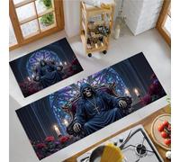 MLSOWM Dark Gothic Kitchen Rug Set of 2, Blue-Gray | Non Slip Holy Death Kitchen Mats Washable, Low Pile for Floor, Entryway, Bathroom, Hallway, Laundry Room, 43x75cm+43x120cm