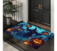 MLSOWM Dark Realism Door Mats Indoor, 80 x 120 cm Machine Washable Soft Doormats, Dirt Trapper Flaming Pumpkin Scarecrow Door Mat, Super Absorbent Entrance Rug, Non-slip Floor Mats, Dark Blue