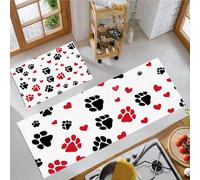 MLSOWM Dog Paw Prints Kitchen Rugs Sets of 2 Non Slip Washable Red Love Heart Kitchen Rugs and Mats Runner Rug Floor Carpet for Laundry, Hallways, Floor 50x80cm+50x150cm Black And White