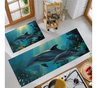 MLSOWM Dolphins Swimming Kitchen Rug Set of 2 Non Slip Kitchen Runner Mats Washable Comfort Standing Mats Marine Life Floor Carpet for Sink, Laundry, Office, 50x80cm+50x150cm Light Blue
