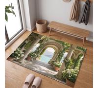 MLSOWM Doormat Indoor Italian Villa Rugs for Entryway 50 x 80 cm | Washable, Non-Slip, Absorbent, Vine-Covered Archway Lake View Low-Pile Carpets for Bedroom Kitchen Bathroom Entrance, Emerald Green