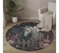 MLSOWM Dream Garden Round Rug 100cm, Non-Slip Area Rugs Elegant White Horse Washable Floor Carpet Low Pile, Non-Shedding Circle Rug for Dining Room, Bedroom, Kitchen Floor Decoration, Grey