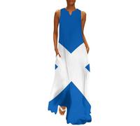 MLSOWM Dress for Women Flag of Scotland Sleeveless Loose Maxi Dresses Scottish Flag Plus Size V Neck Casual Long Dresses Beach Swing Dress with Pockets Blue