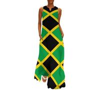 MLSOWM Dress for Women Jamaican National Flag Sleeveless Loose Maxi Dresses Bohemian Plus Size V Neck Casual Long Dresses Beach Swing Dress with Pockets Green