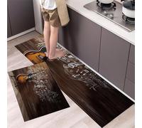 MLSOWM Electric Guitar Notes Kitchen Rug Sets, 2 Piece Non Slip Kitchen Mats Wooden Room Runner Set with Rubber Backing Super Absorbable Washable Floor Mats 50x80cm+50x150cm Brown