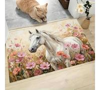 MLSOWM Elegant White Horse Door Mat Washable Beige Welcome Mats 60 x 90 cm Low Pile Non Slip Doormats Oil Painting Of A Sea Of Flowers Small Carpet for Entrance Bedroom Dining Room Bedside