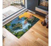 MLSOWM Fantasy Comics Thin Door Mats Indoor 60 x 90 cm, Non Slip Front Mat, Floating Castle Low Profile Inside Entrance Rug, Easy to Clean for Entryway Bedroom Kitchen, Blue-Green