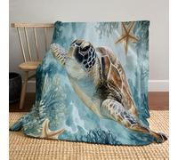 MLSOWM Flannel Fleece Blanket 150x200cm All Season Turtle, Starfish And Seaweed Fluffy Throw Blanket Undersea Creatures Cosy Warm Throw for Bed Sofa Couch Car Home, Light Blue