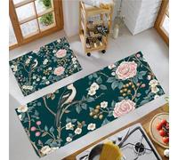 MLSOWM Flower And Bird Painting Kitchen Rug Sets, 2 Piece Non Slip Kitchen Mats Retro Chinese Style Runner Set with Rubber Backing Super Absorbable Washable Floor Mats 40x60cm+40x120cm Blue-Green