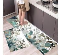 MLSOWM Flowers And Hummingbirds Kitchen Rug Sets, 2 Piece Non Slip Kitchen Mats Jungle Plants Runner Set with Rubber Backing Super Absorbable Washable Floor Mats 43x75cm+43x120cm Light Green