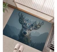 MLSOWM Forest Deer Statue Door Mat Washable Blue-Gray Welcome Mats 80 x 120 cm Low Pile Non Slip Doormats Surrealism Small Carpet for Entrance Bedroom Dining Room Bedside
