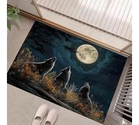 MLSOWM Forest Wilderness Night Sky Door Mat 60 x 90 cm Entryway Rug Machine Washable Non Slip Wolf Howl Doormat Soft Small Rug Low-Pile Thin Carpet for Kitchen Bedroom Bathroom, Dark Blue