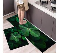 MLSOWM Four-Leaf Clover Kitchen Rugs Sets of 2 Non Slip Washable Hyper-Realistic Photos Kitchen Rugs and Mats Runner Rug Floor Carpet for Laundry, Hallways, Floor 50x80cm+50x150cm Dark Green